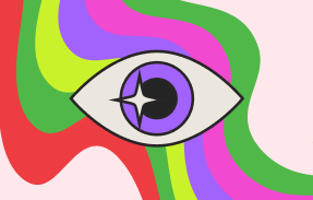 Иллюстрация глаза с разноцветными волнистыми линиями на фоне